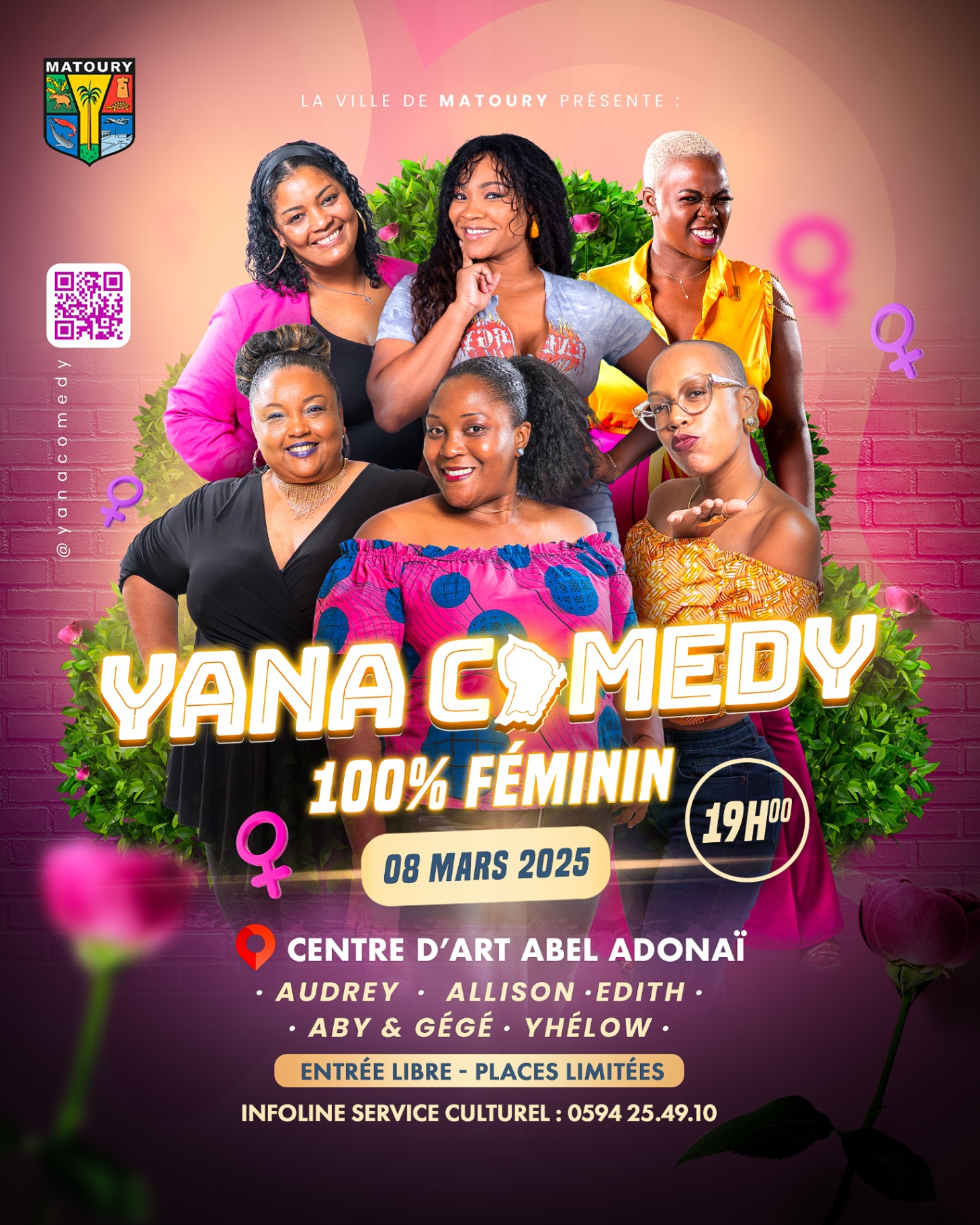 Affiche YANA Comedy 100 % Féminin Matoury — piste V4 avec étiquette tarifaire