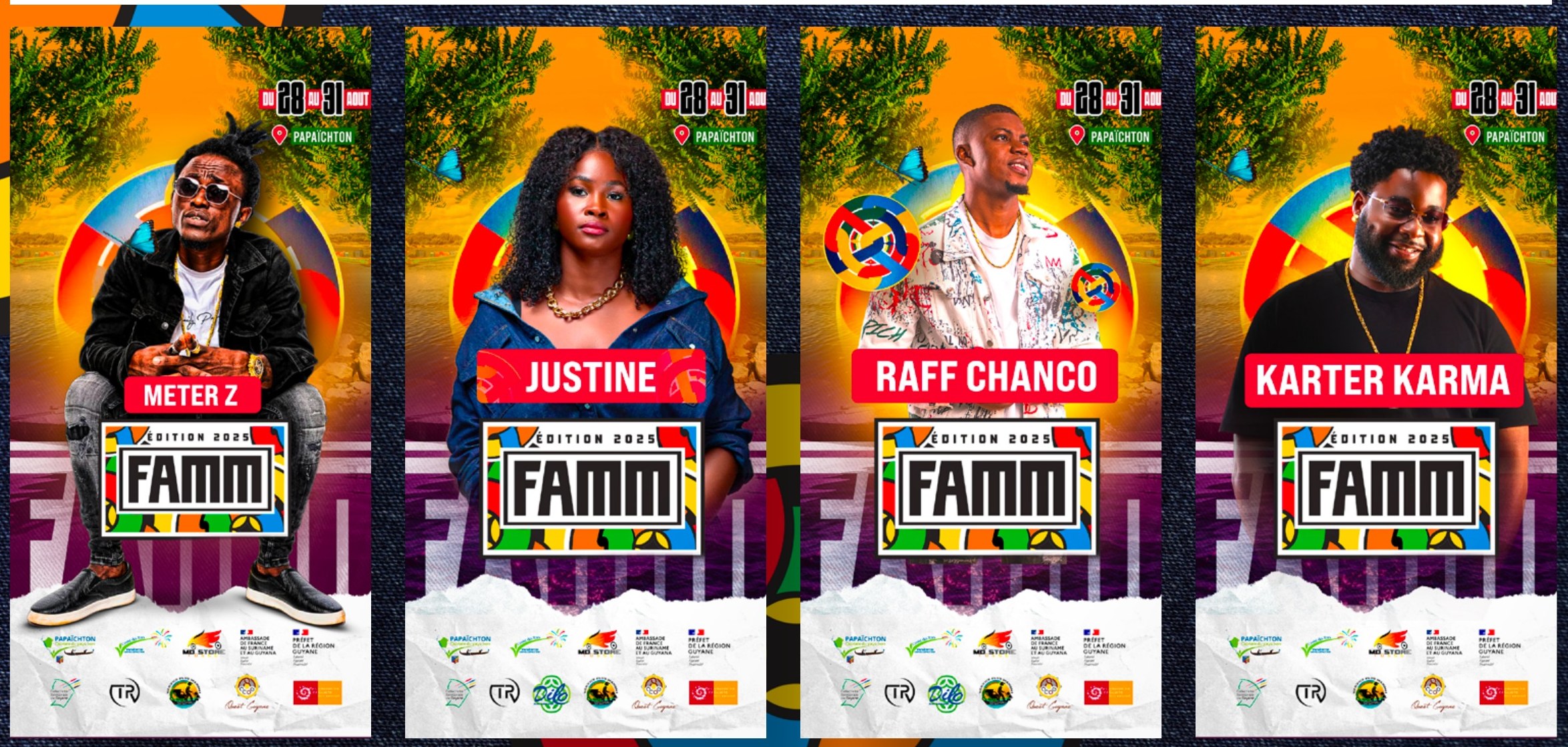 Série d'affiches artistes FAMM 2025 — Meter Z, Justine, Raff Chanco et Karter Karma