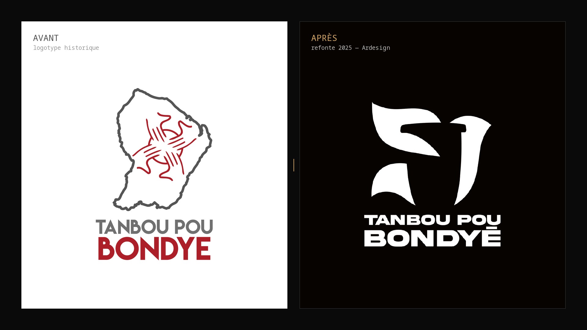 Comparaison avant / après du logotype Tanbou pou Bondyé : ancien logo carte de Guyane et nouveau logo colombe-tambour