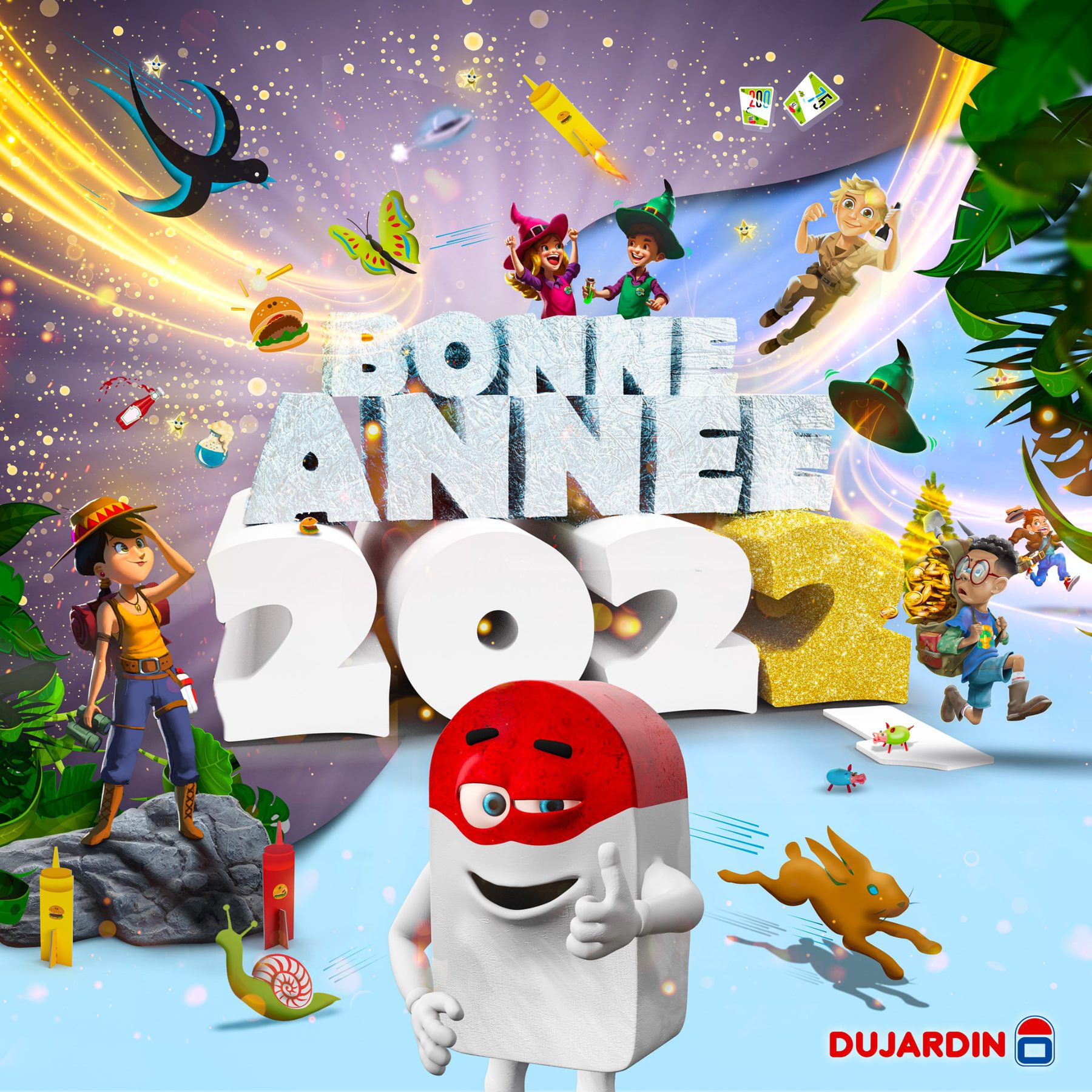 Post carré vœux 2022 Dujardin : mascotte masquée, chiffres 2022 en relief et personnages de jeux
