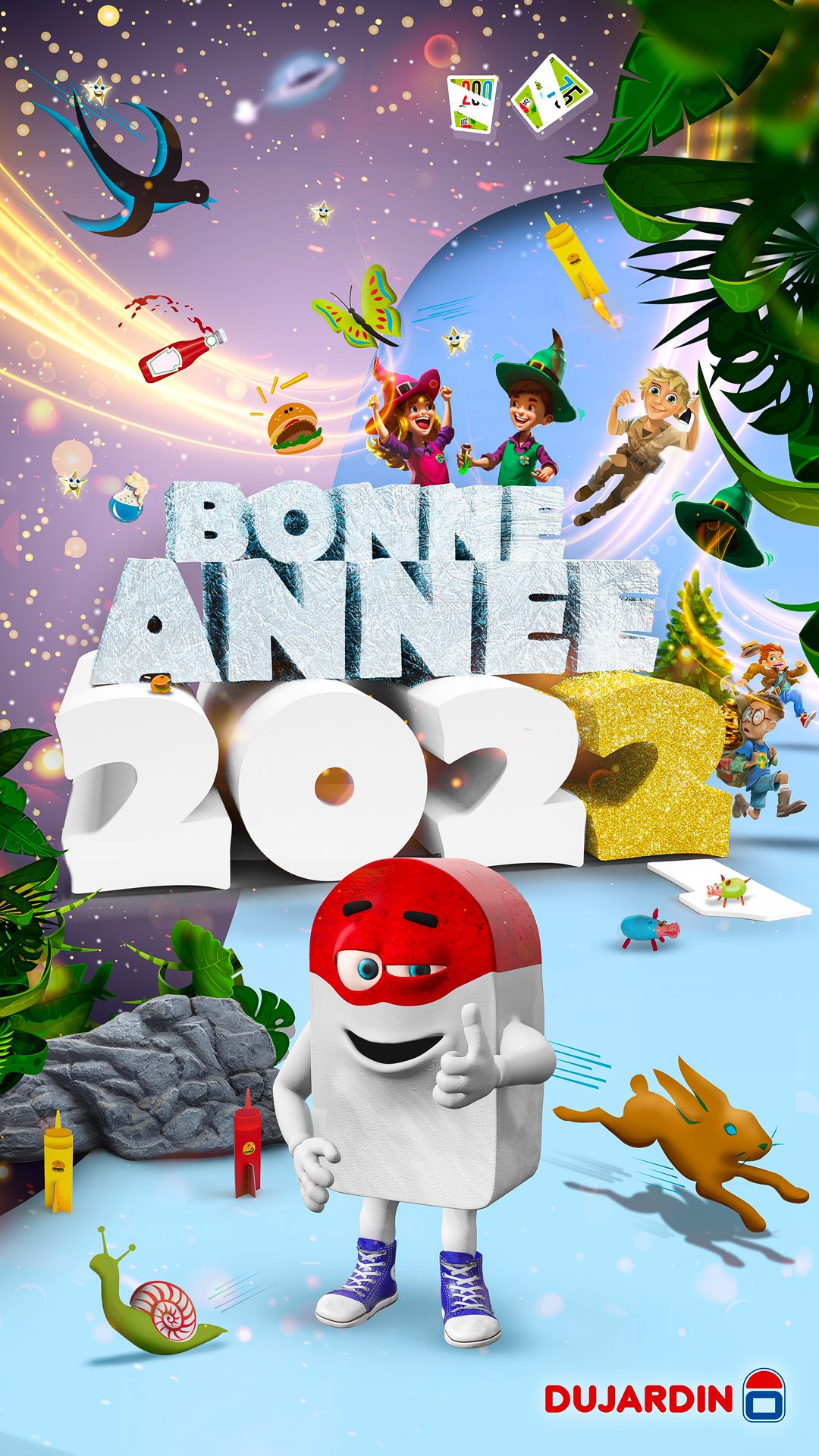 Story verticale vœux 2022 Dujardin avec la mascotte et le lettrage Bonne Année