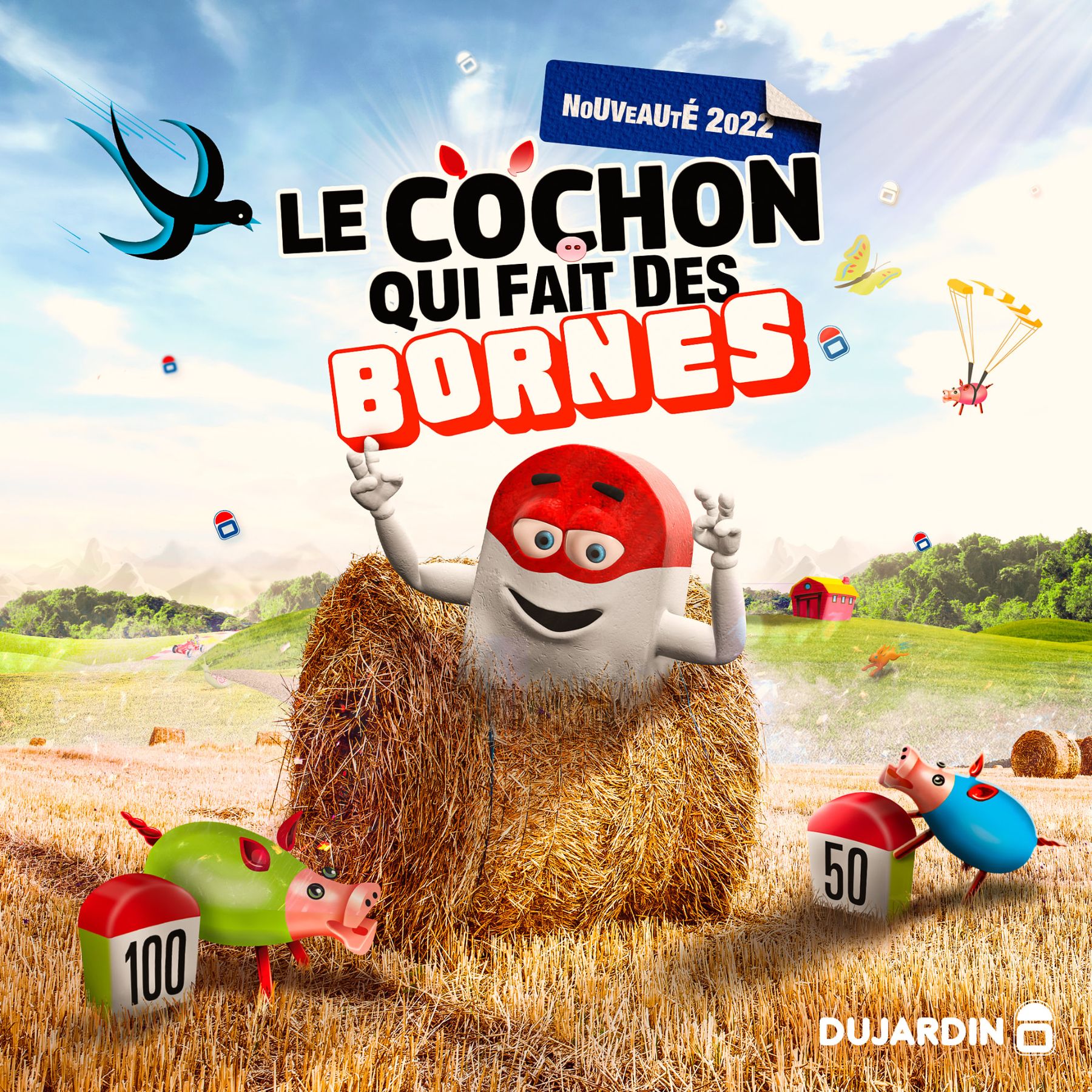 Post carré Le Cochon qui fait des Bornes : la mascotte et des cochons-bornes dans un champ de paille