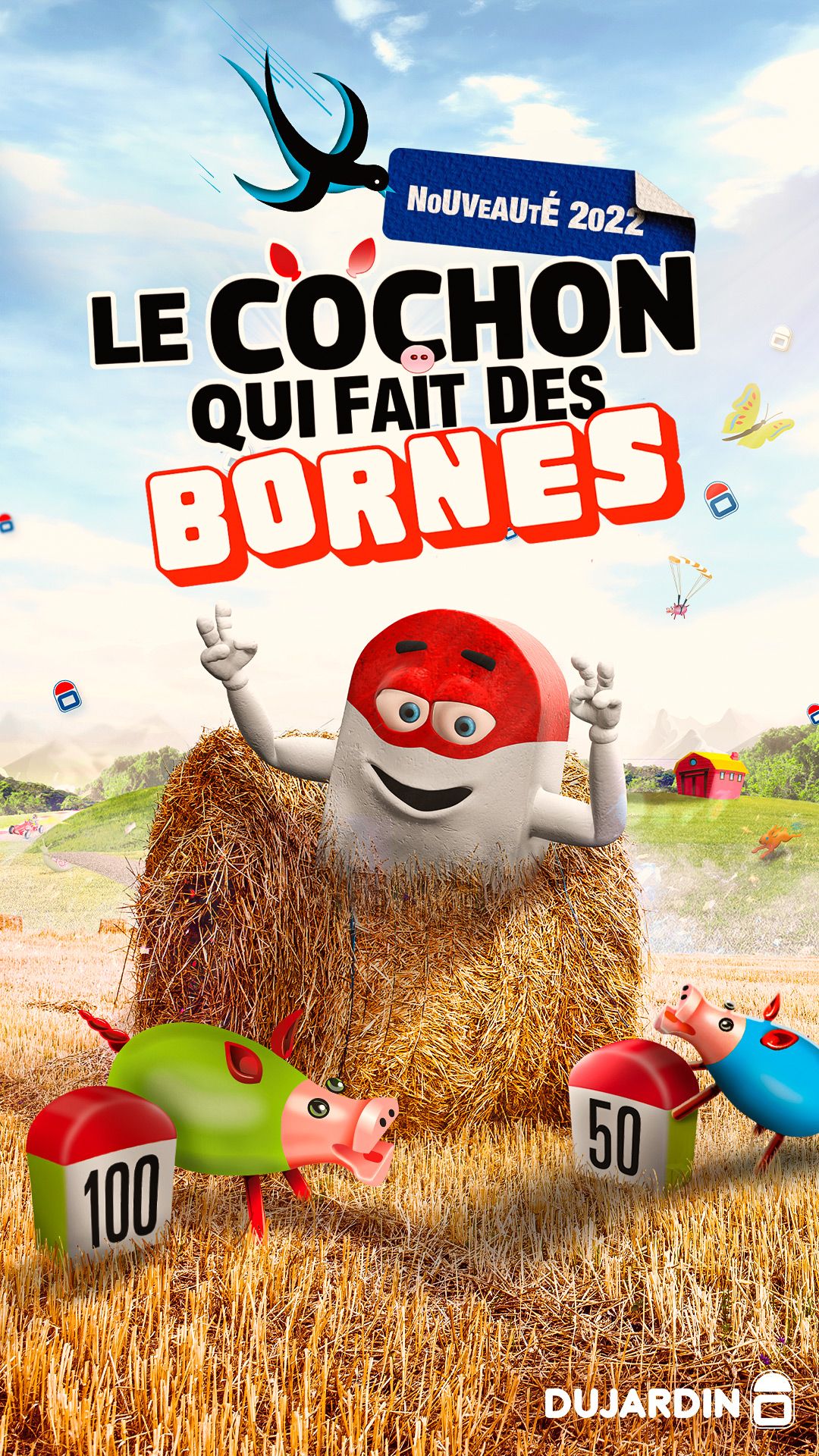 Story verticale Le Cochon qui fait des Bornes avec la mascotte sur une botte de paille