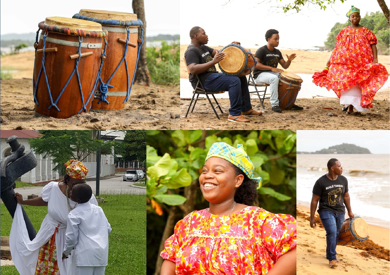 Collage de photographies du groupe Tanbou pou Bondyé en tenues traditionnelles guyanaises, jouant du tambour