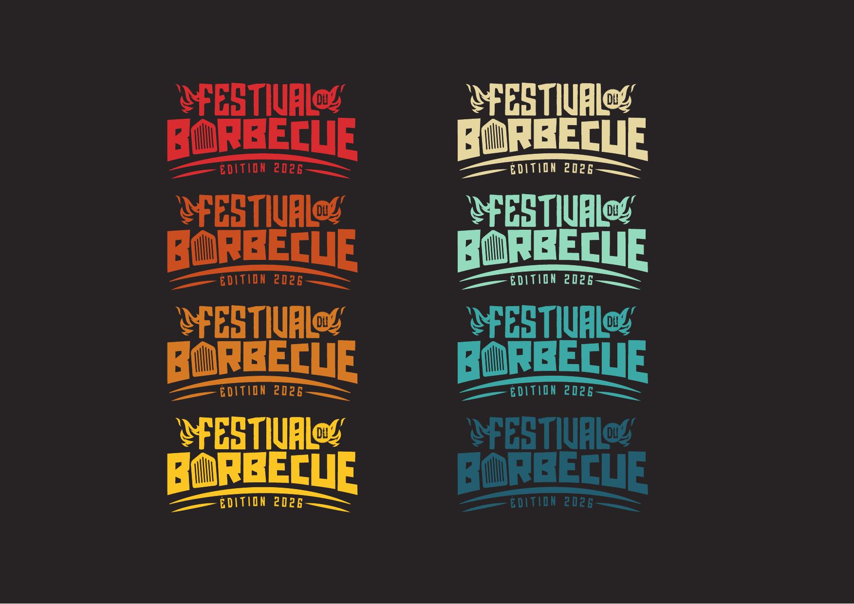 Huit déclinaisons monochromes du logotype Festival du Barbecue édition 2026