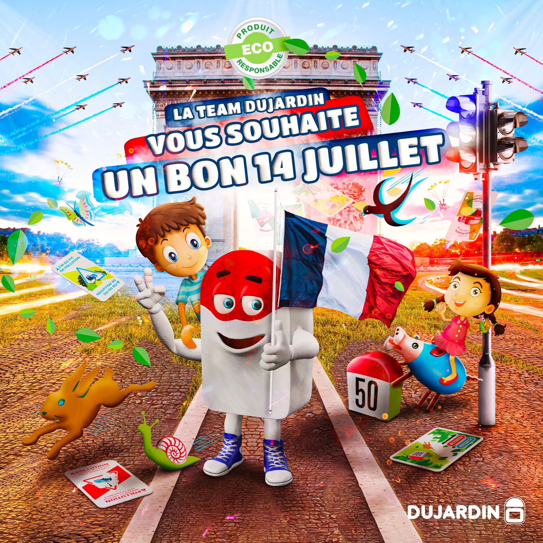 Post carré 14 juillet Dujardin : la mascotte Borni brandit le drapeau français devant l'Arc de Triomphe