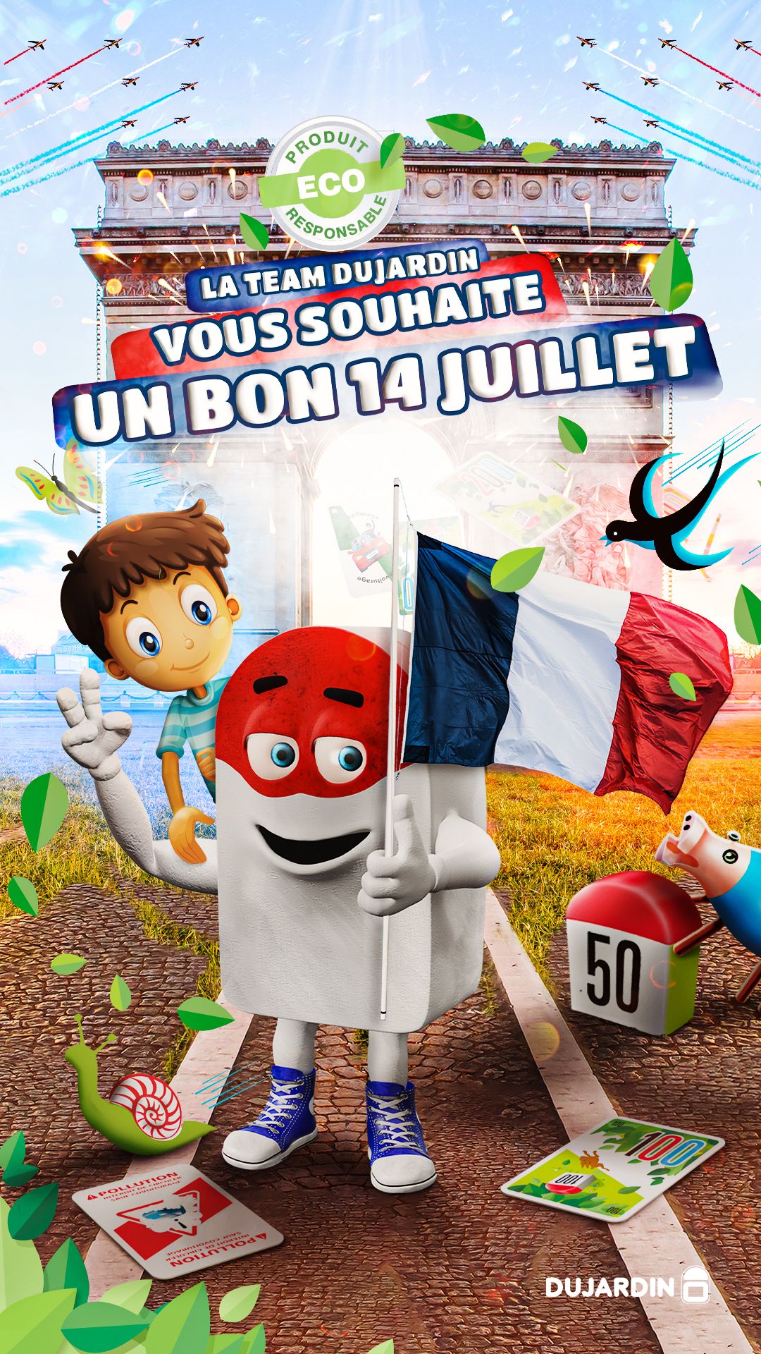 Story verticale 14 juillet Dujardin avec la mascotte Borni et le drapeau français