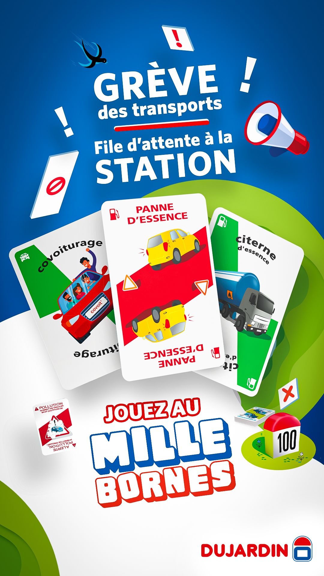 Story verticale grève des transports Dujardin : cartes Panne d'essence et Covoiturage sur fond bleu