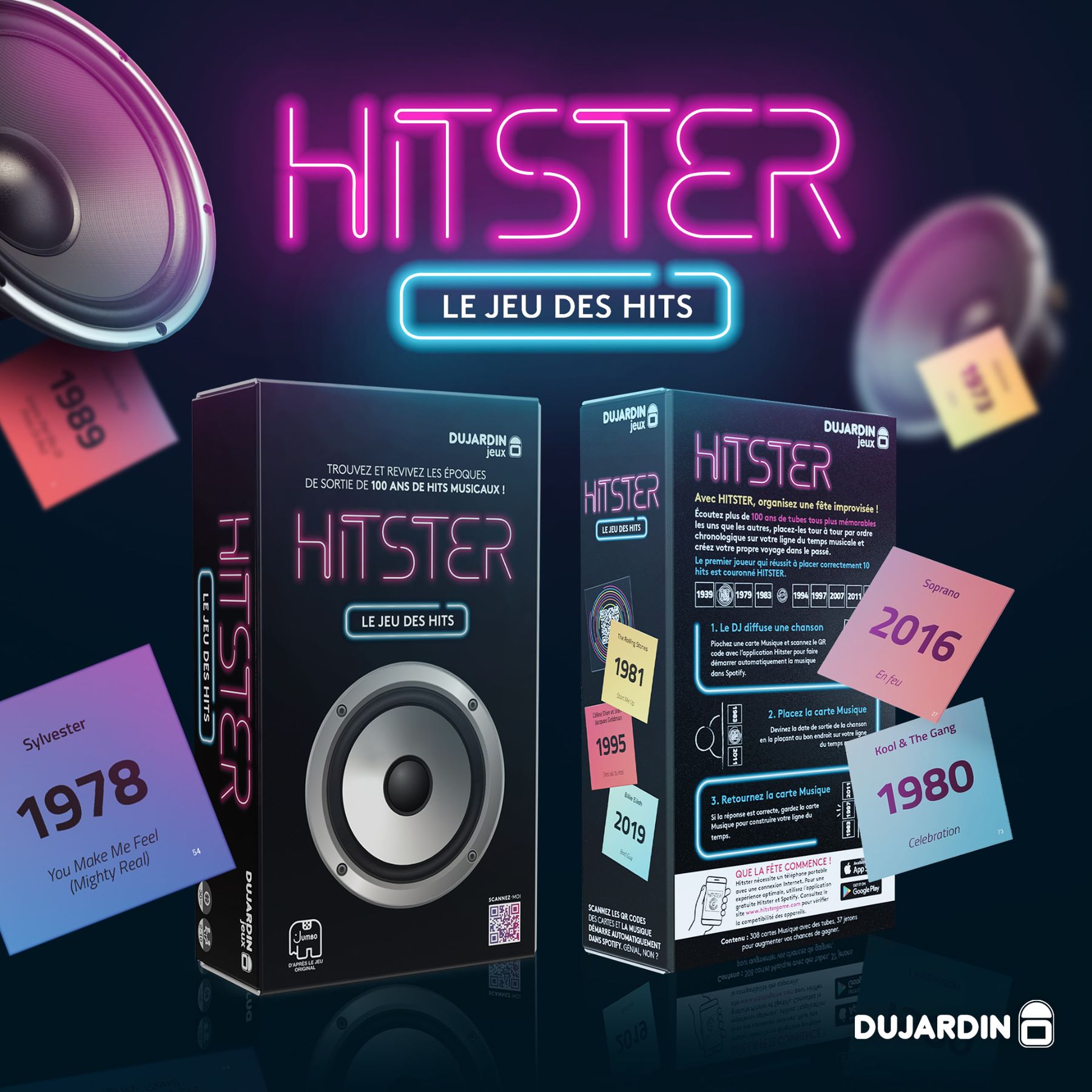 Post carré Hitster Le jeu des hits : boîtes recto verso néon et cartes musique sur fond de haut-parleur