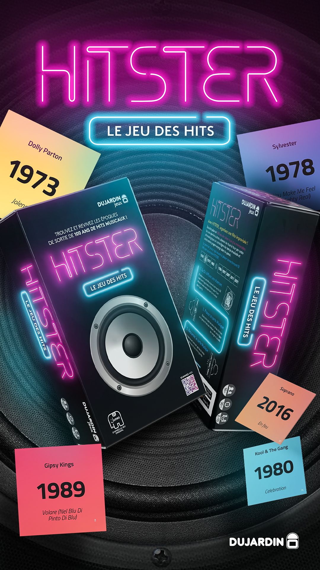 Story verticale Hitster : boîtes néon et cartes musique datées
