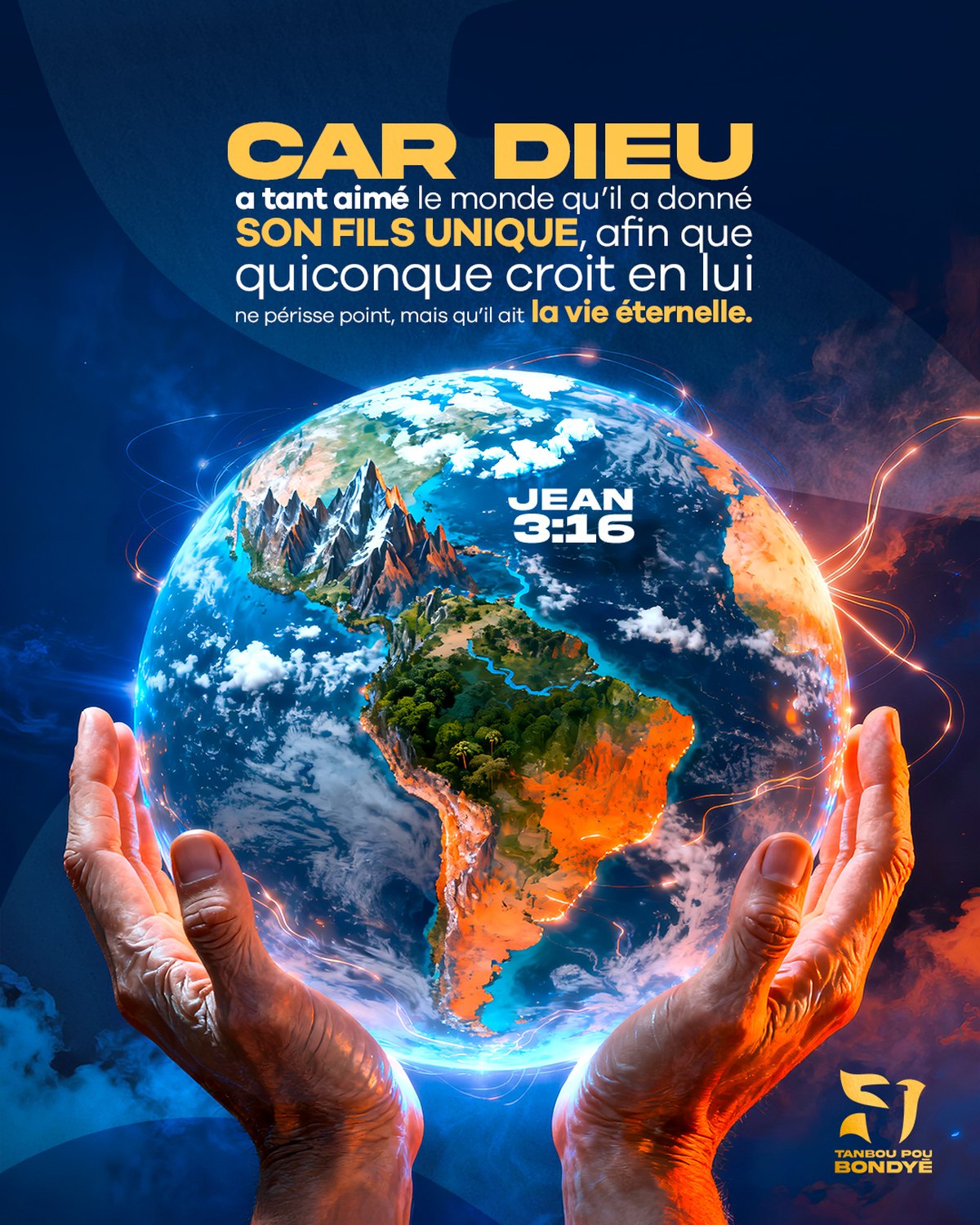 Post Jean 3:16 en français : globe terrestre porté par deux mains, typographie or et blanche