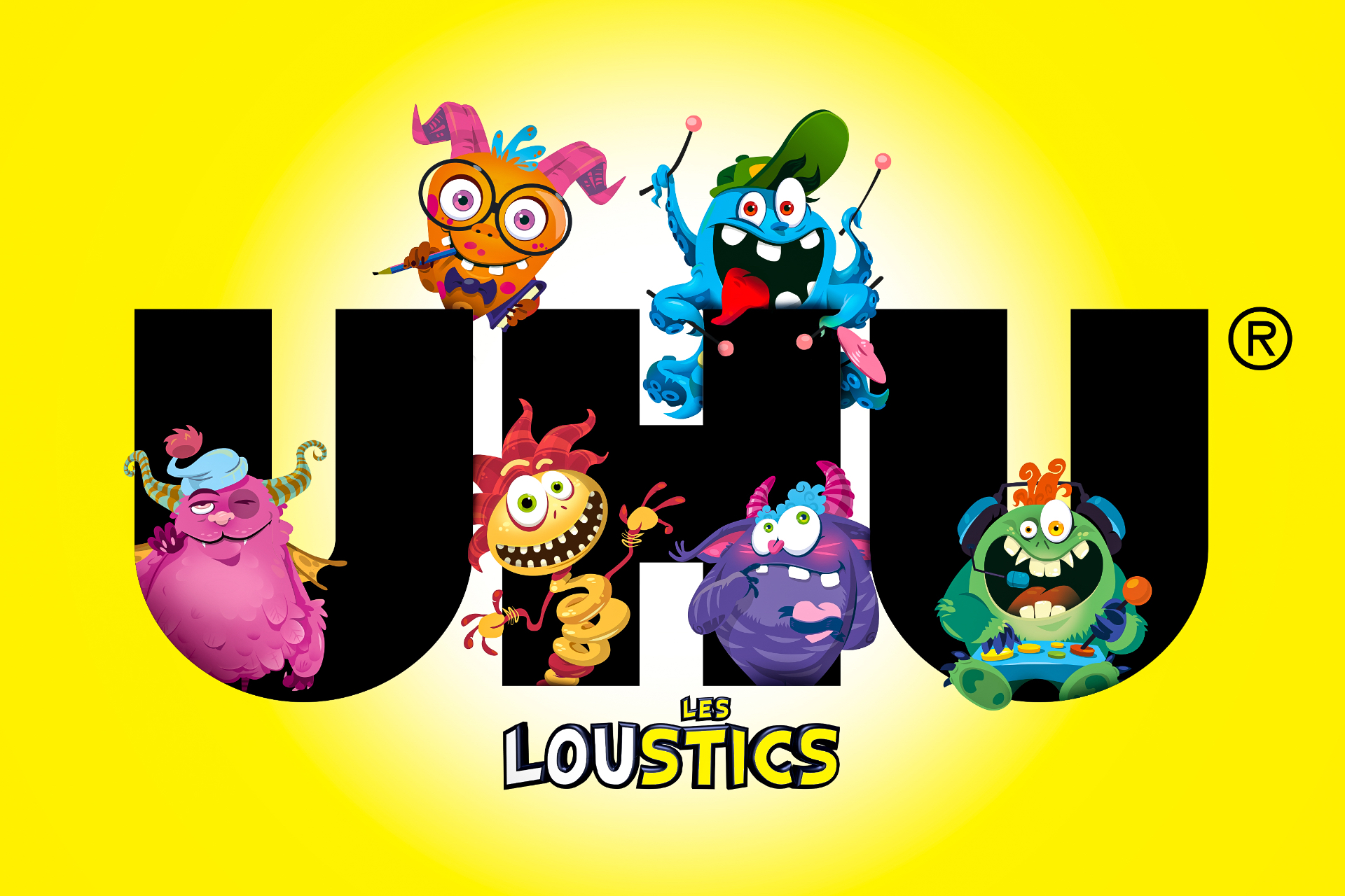 UHU Les Loustics — mascottes en couronne autour du logo