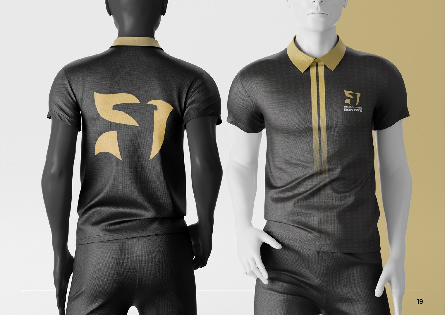 Maillots de scène noir et or Tanbou pou Bondyé présentés sur mannequins
