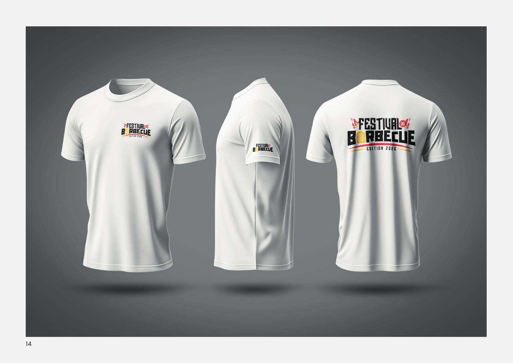 T-shirt blanc du Festival du Barbecue 2026 — face, manche et dos