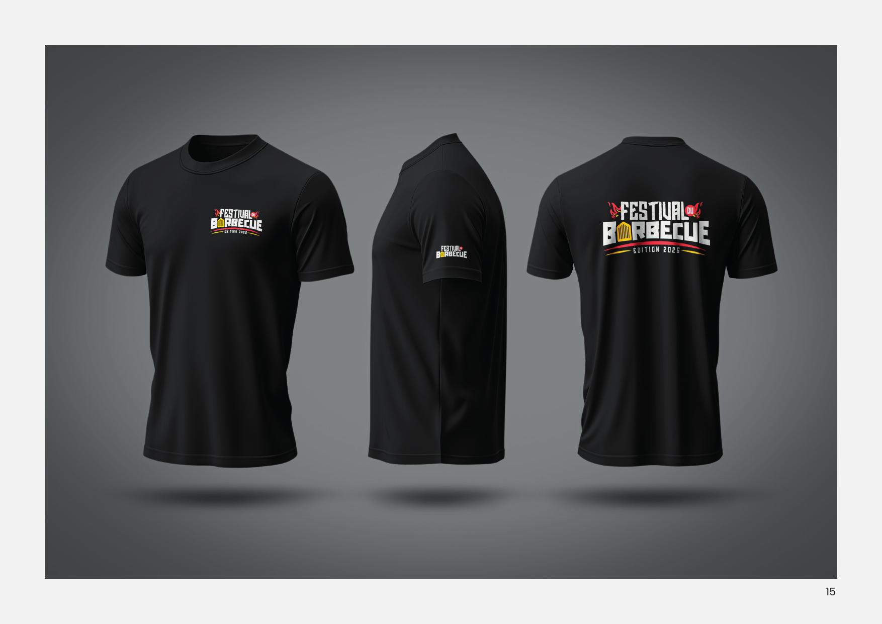 T-shirt noir du Festival du Barbecue 2026 — face, manche et dos
