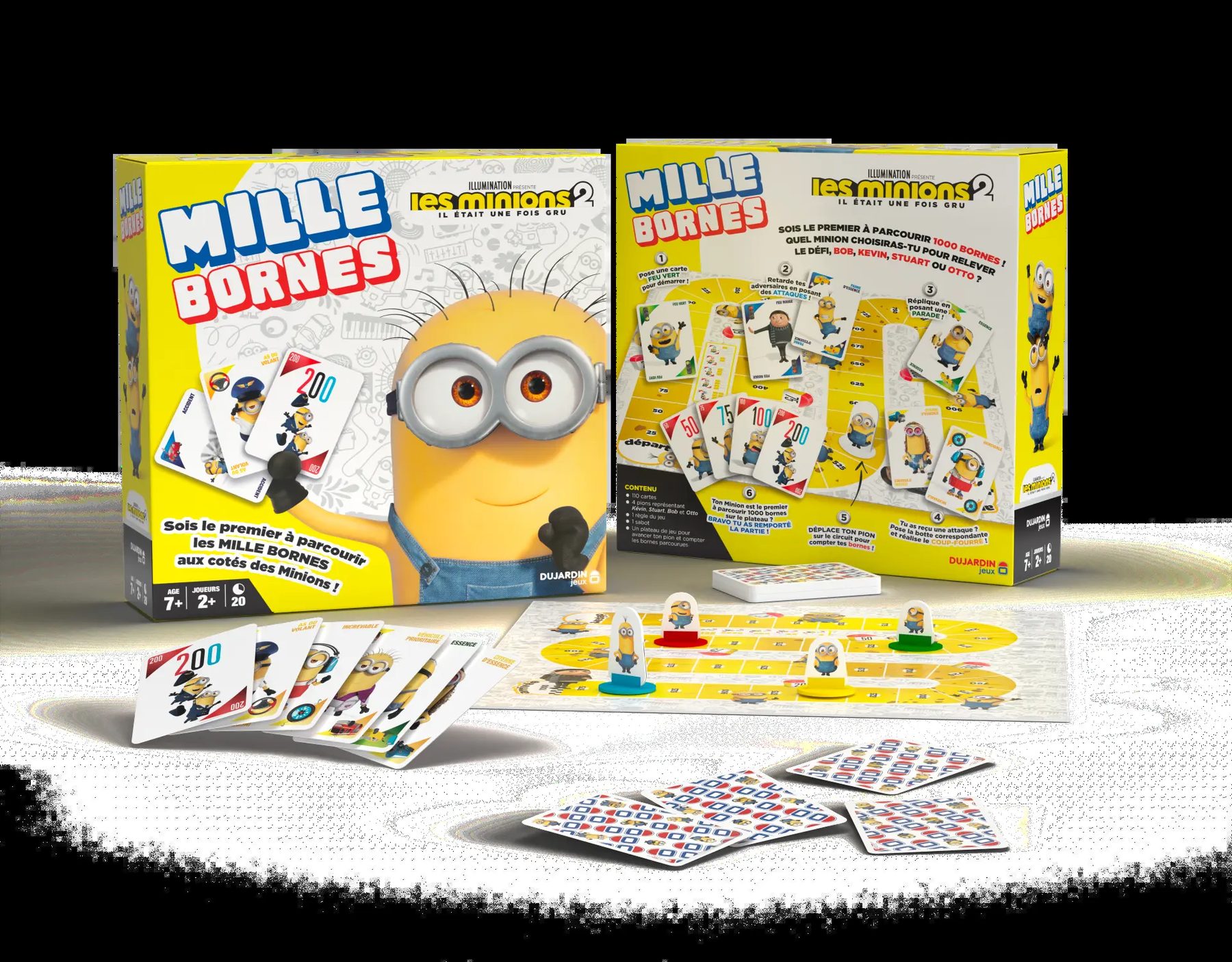 Composition produit Mille Bornes Les Minions 2 : deux boîtes, plateau et cartes