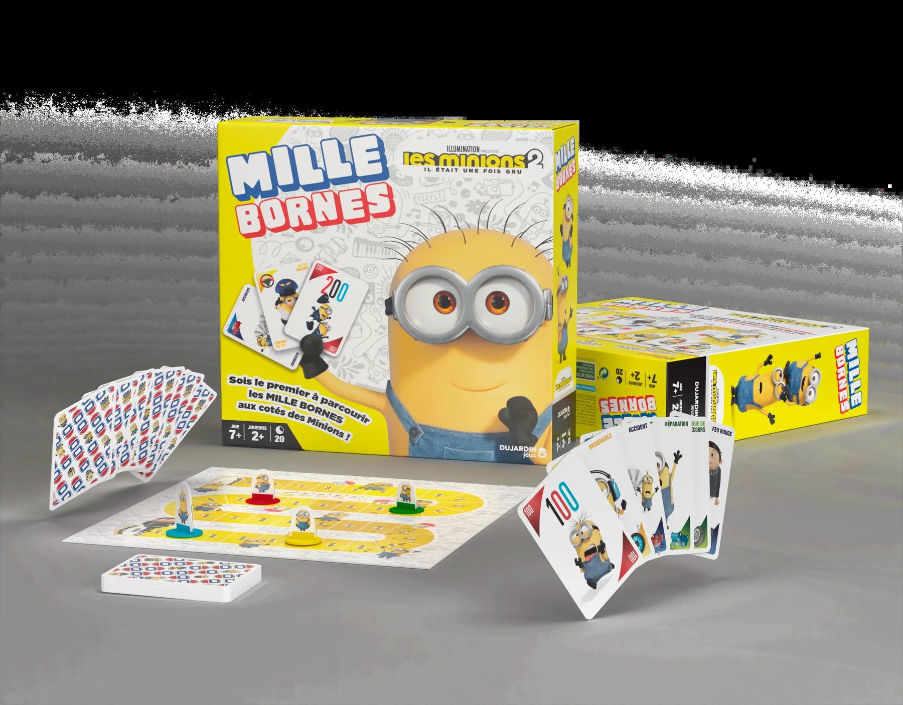 Seconde composition produit Mille Bornes Les Minions 2, boîte de trois-quarts et cartes en éventail