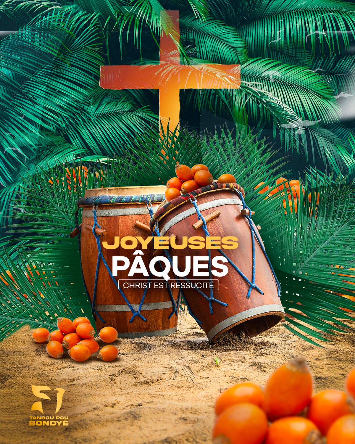 Carrousel Pâques Tanbou pou Bondyé, vue 1 : tambours guyanais, croix lumineuse et awara