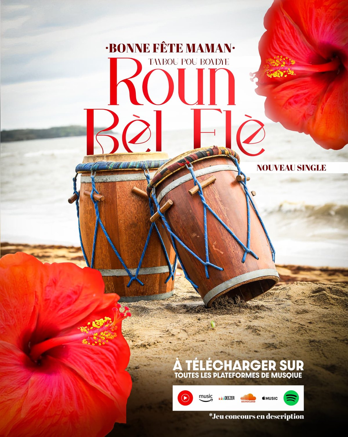Post réseaux sociaux Tanbou pou Bondyé pour le single Roun Bèl Flè : tambours guyanais sur le sable, hibiscus rouges